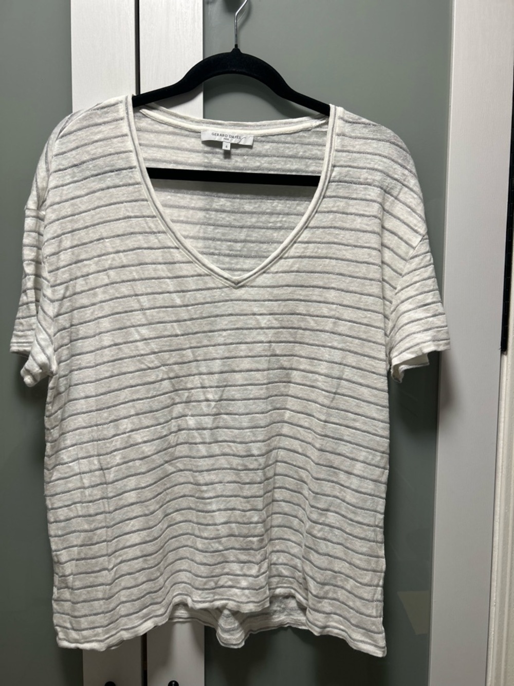 Gerard Darrel Women’s V Neck Striped T Shirt Linen Blend Size 4 (L)